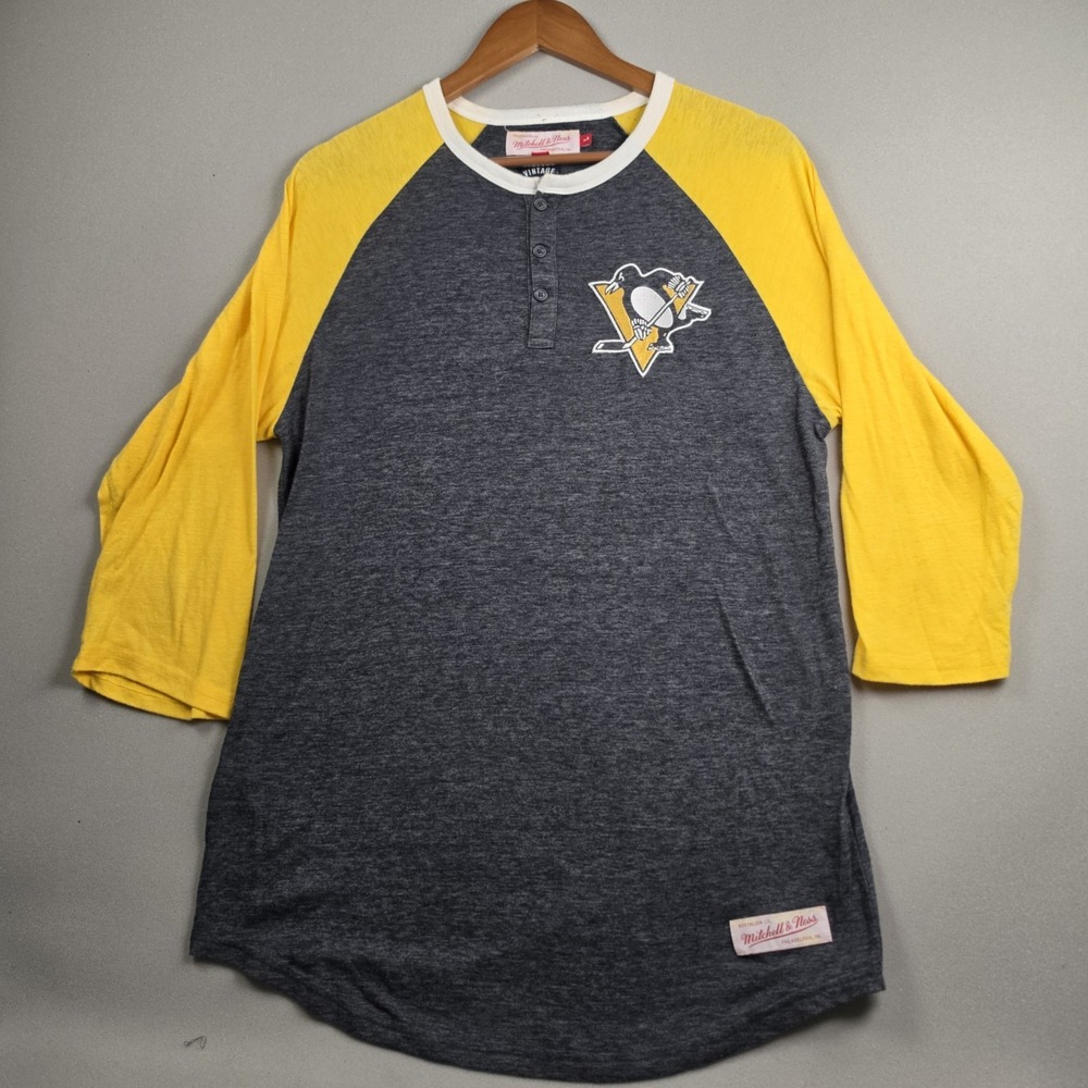 Mitchell & Ness Pittsburgh Penguins Womens L Henley Raglan 3/4 Sleeve Shirt NHL